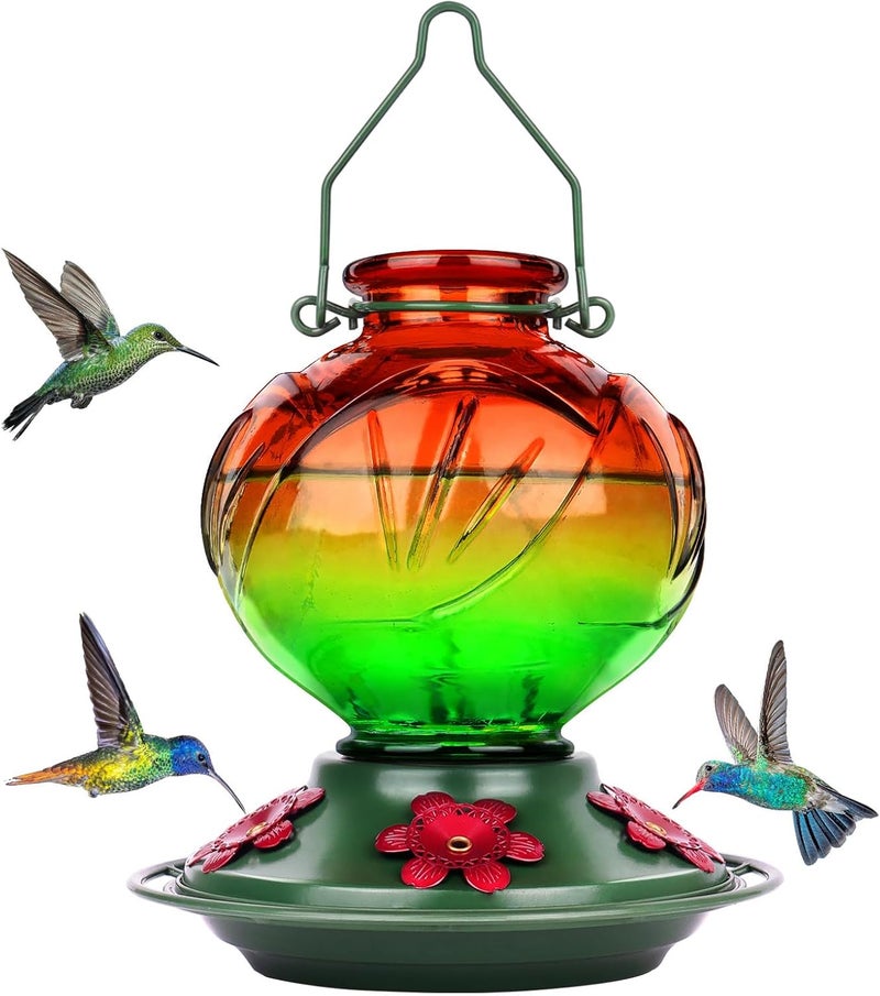 BOLITE Hummingbird Feeder, Glass Hummingbird Feeders for Outdoors Hanging, 22 Ounce, Five Feeding Ports with Perch, Peony Flower Shape, Orange and Green, Gifts for Women Men, Gifts for Mom Dad - Image 1